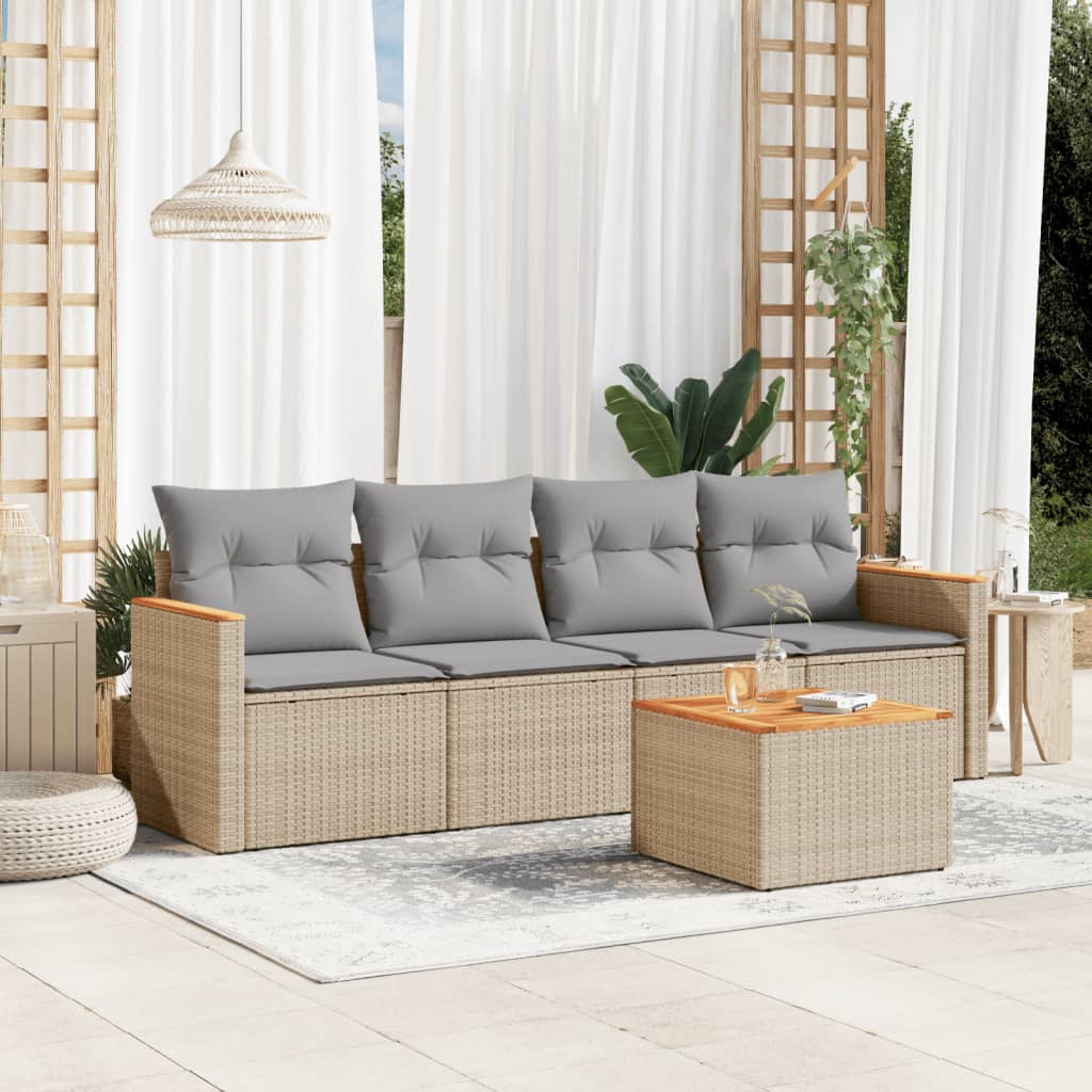 NNEVL 5 Piece Garden Sofa Set with Cushions Mix Beige Poly Rattan
